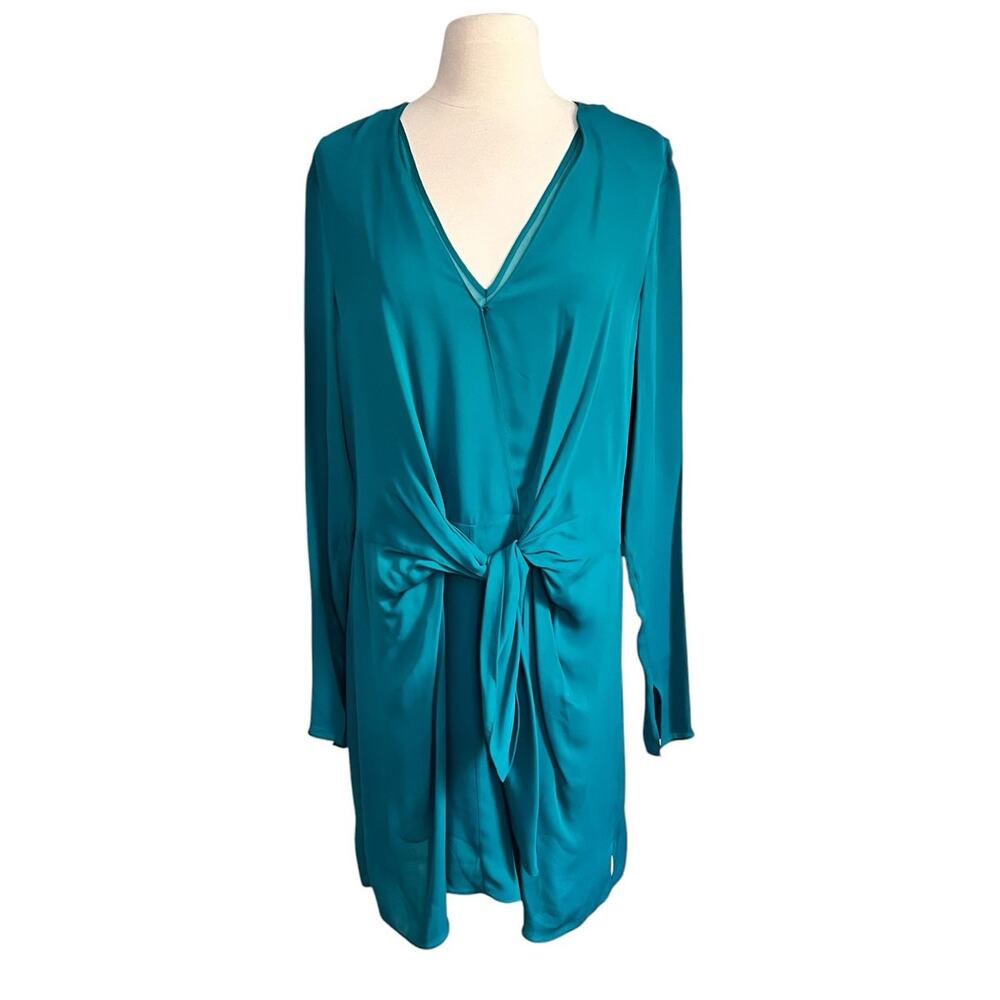 Phillip Lim Designer 100% Silk Teal Green Twist Front Deep V-Neck Dress Size 6
